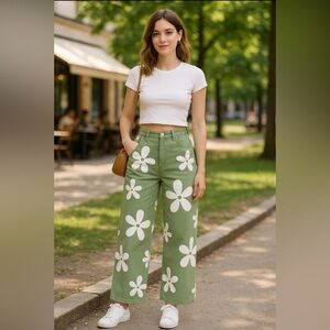 SHEIN white daisy green denim pants, front & back pockets, button zip closure 💚🤍